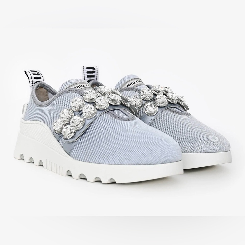 Miu Miu Grey Crystal Embellished Slip-On Sneakers Size 36.5